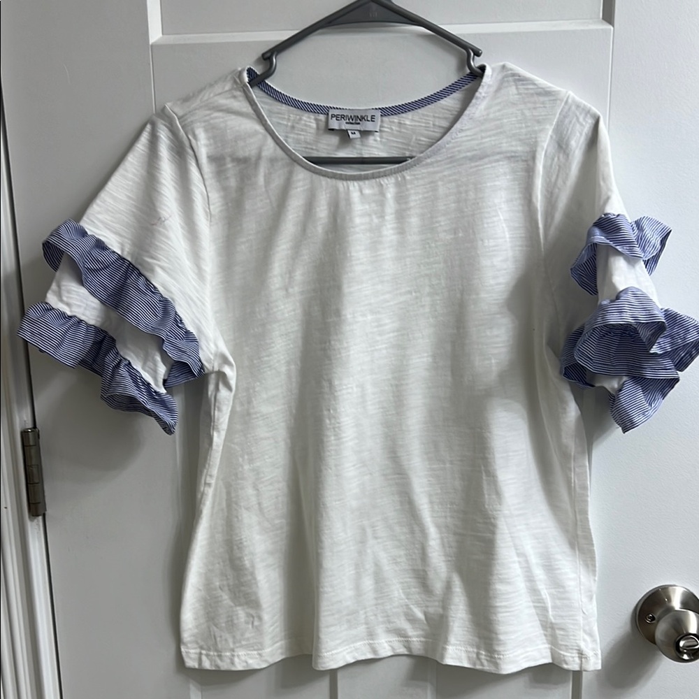 Periwinkle by Barlow White Tee with Blue Ruffle Sleeves